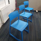 Three blue waiting area chairs in a row