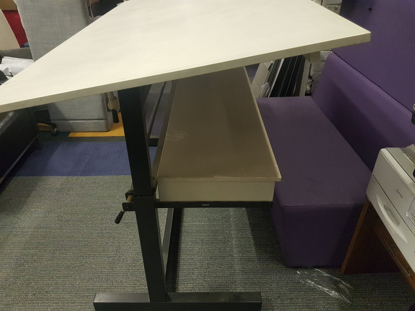 Tilting white architect table with drawer