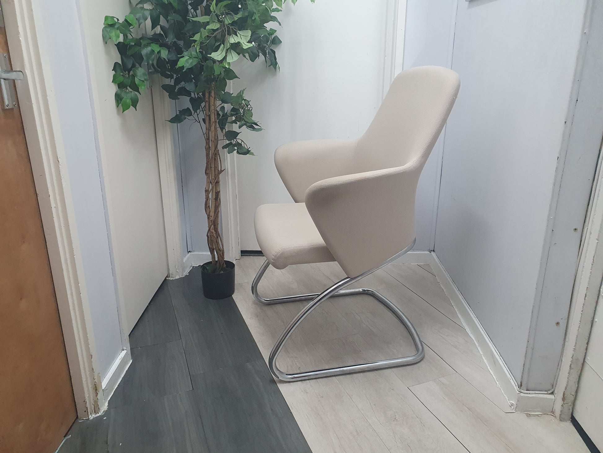 Left, tall green plant, Centre, Side of Senator Cream office meeting chair with chrome legs