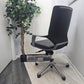 Left, tall green plant, centre, Black leather office swivel chair 