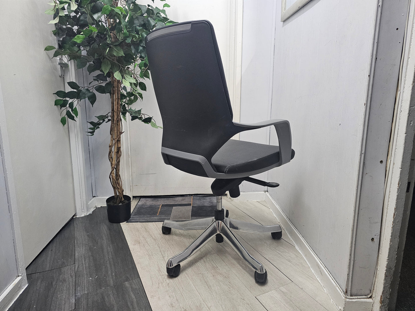 Back of leather swivel desk chair