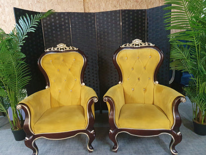 Set of 2 Antique Upholstered Armchair Retro Vintage Wood High backed Parlour style Carved botton backed