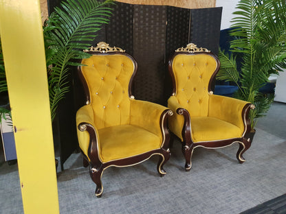 Set of 2 Antique Upholstered Armchair Retro Vintage Wood High backed Parlour style Carved botton backed