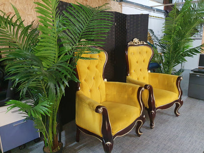 Set of 2 Antique Upholstered Armchair Retro Vintage Wood High backed Parlour style Carved botton backed