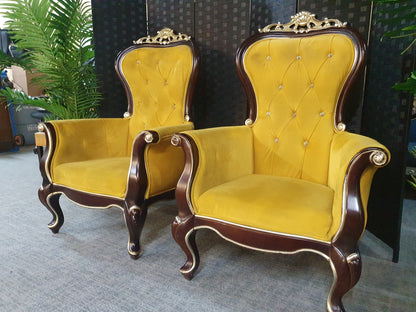 Set of 2 Antique Upholstered Armchair Retro Vintage Wood High backed Parlour style Carved botton backed