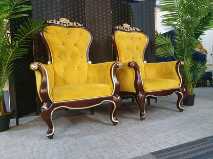 Set of 2 Antique Upholstered Armchair Retro Vintage Wood High backed Parlour style Carved botton backed