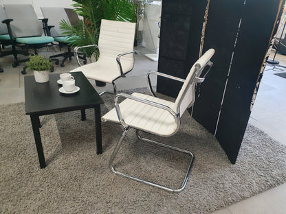 Set of 2 White Chrome Conference Meeting Chair, Ribbed Leather