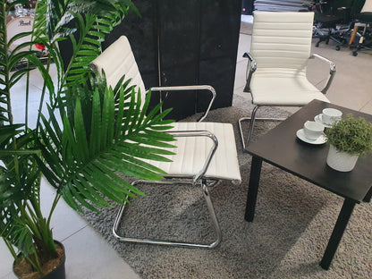 Set of 2 White Chrome Conference Meeting Chair, Ribbed Leather