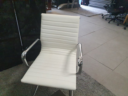 Set of 2 White Chrome Conference Meeting Chair, Ribbed Leather