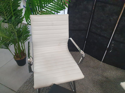 Set of 2 White Chrome Conference Meeting Chair, Ribbed Leather