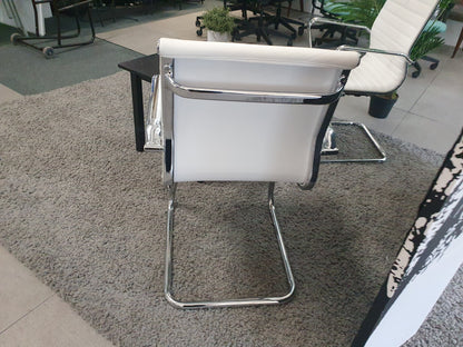 Set of 2 White Chrome Conference Meeting Chair, Ribbed Leather