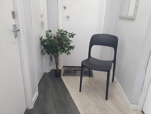 Preowned Chair Black  Plastic Back Adult Dining Meeting Training Stacking