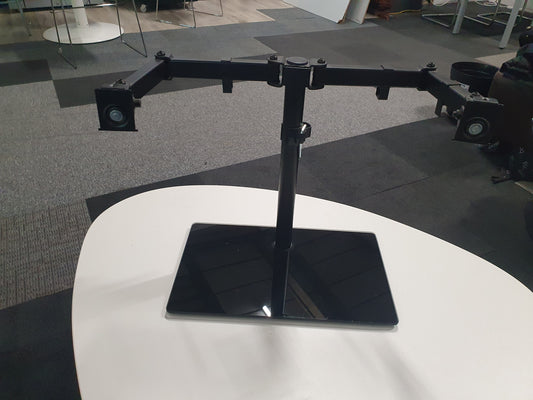 Freestanding Dual Monitor Stand with Sleek Glass Base and Adjustable Arms