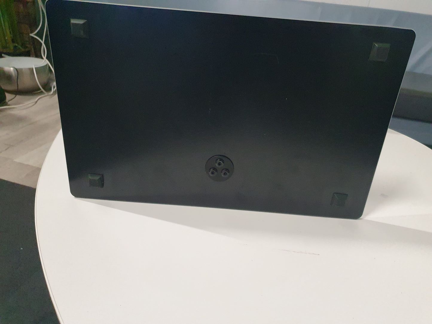 Freestanding Dual Monitor Stand with Sleek Glass Base and Adjustable Arms