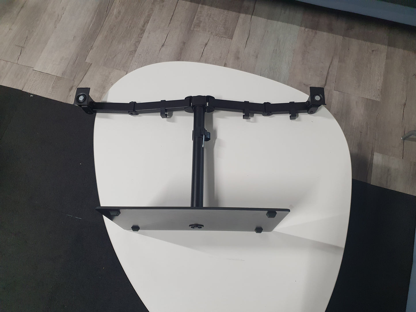 Freestanding Dual Monitor Stand with Sleek Glass Base and Adjustable Arms