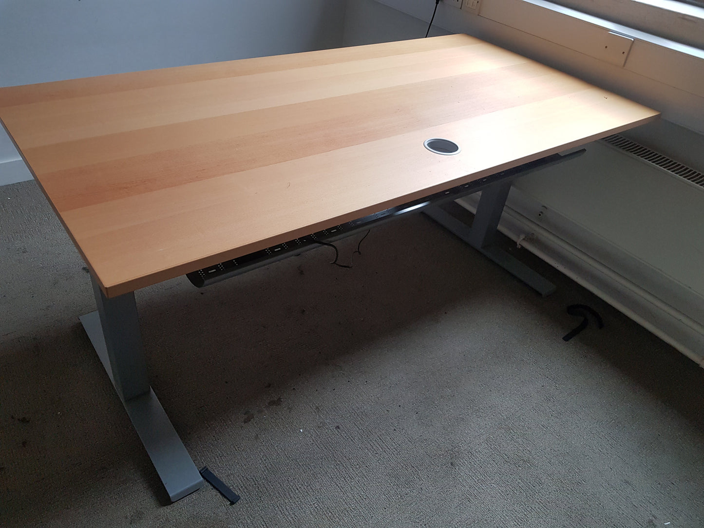 Used Dark beech electric sit stand office desk, height adjustable  160cm x 80cm