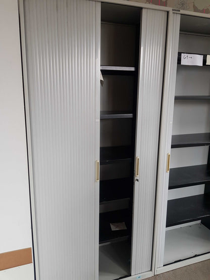 Tall Grey rolling door office cabinet, adjustable shelf tambour unit - H=180cm D=46cm W=92cm