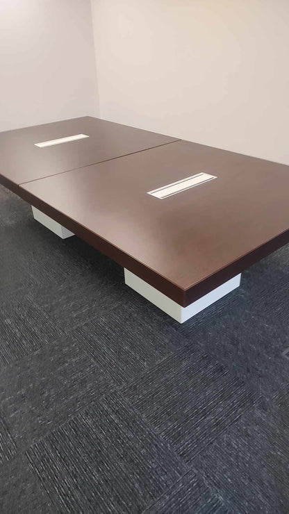 Used 2 Walnut and White Extra Large Wood Finish Square Cube Base  Office Meeting Conference Boardroom Table 280cm x 140cm