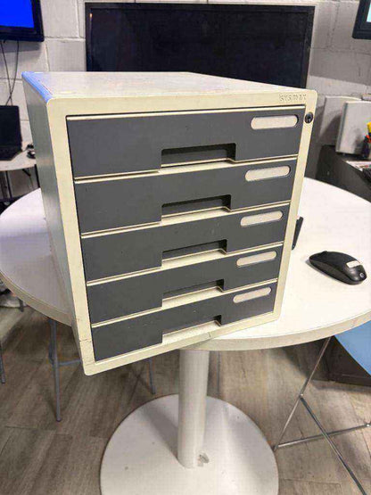 Second hand Sysmax lockable table top 5 drawer grey and white H33cm x W30cm x D35cm