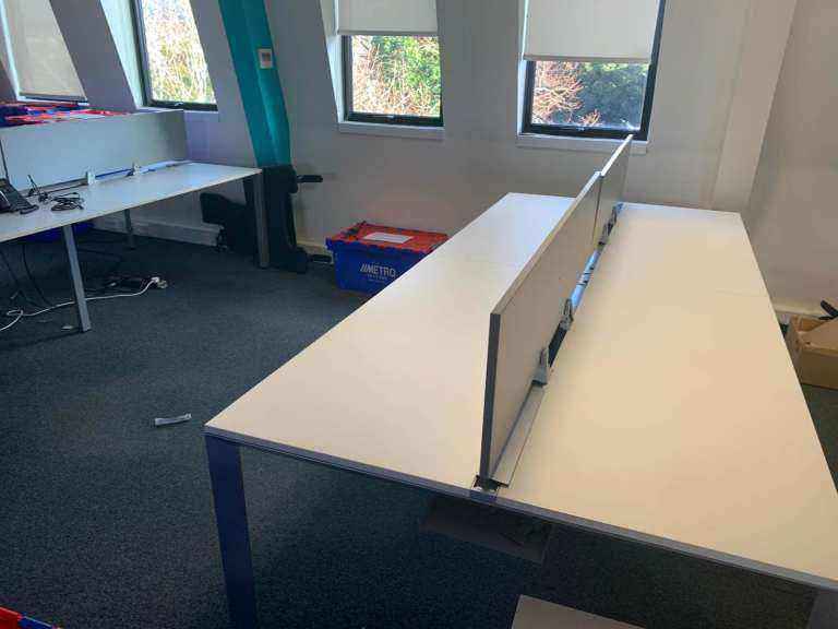 Used White 4 Pod bank/desk with cable management 140cm x 60cm