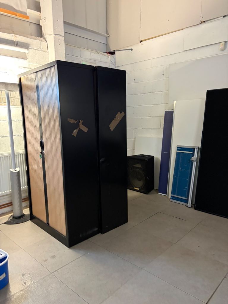 2 Used office tall rolling wood door metal frame cabinet cupboard Lockable £120 each H 197cm W 100cm D 45cm