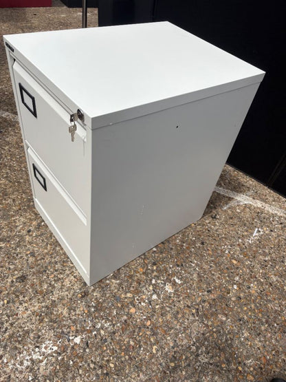 Used white 2 drawers office filing cabinet storage lockable D 62cm W 47cm H 71cm
