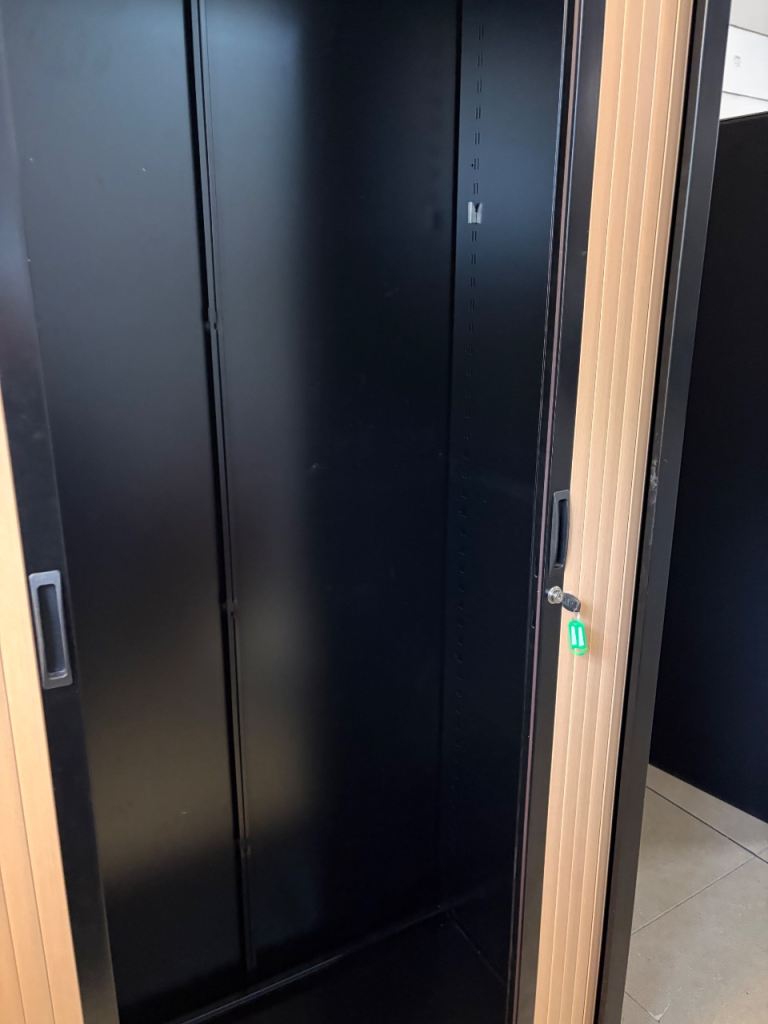 2 Used office tall rolling wood door metal frame cabinet cupboard Lockable £120 each H 197cm W 100cm D 45cm
