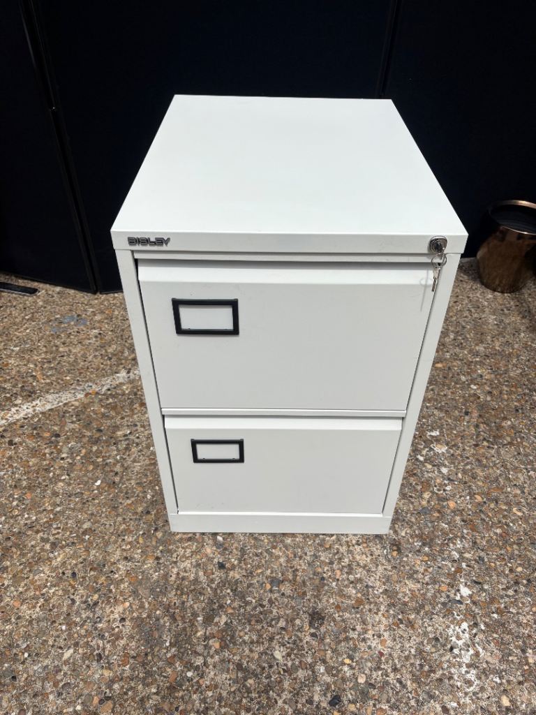 Used white 2 drawers office filing cabinet storage lockable D 62cm W 47cm H 71cm