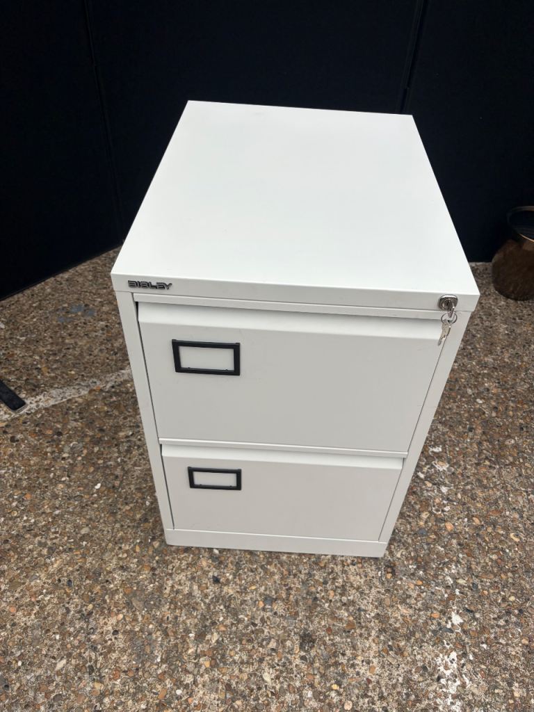 Used white 2 drawers office filing cabinet storage lockable D 62cm W 47cm H 71cm