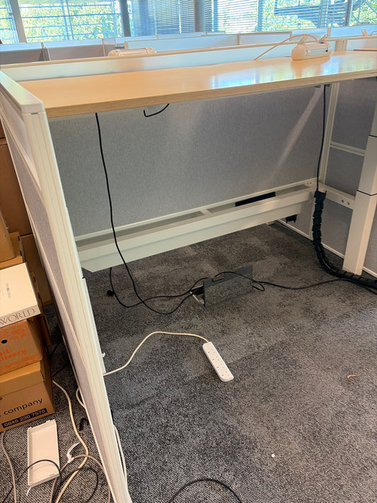 Preowned Senator wood finish sit stand stand up twin electric desk 175cm x 80cm Highest 124cm lowest 64.5cm
