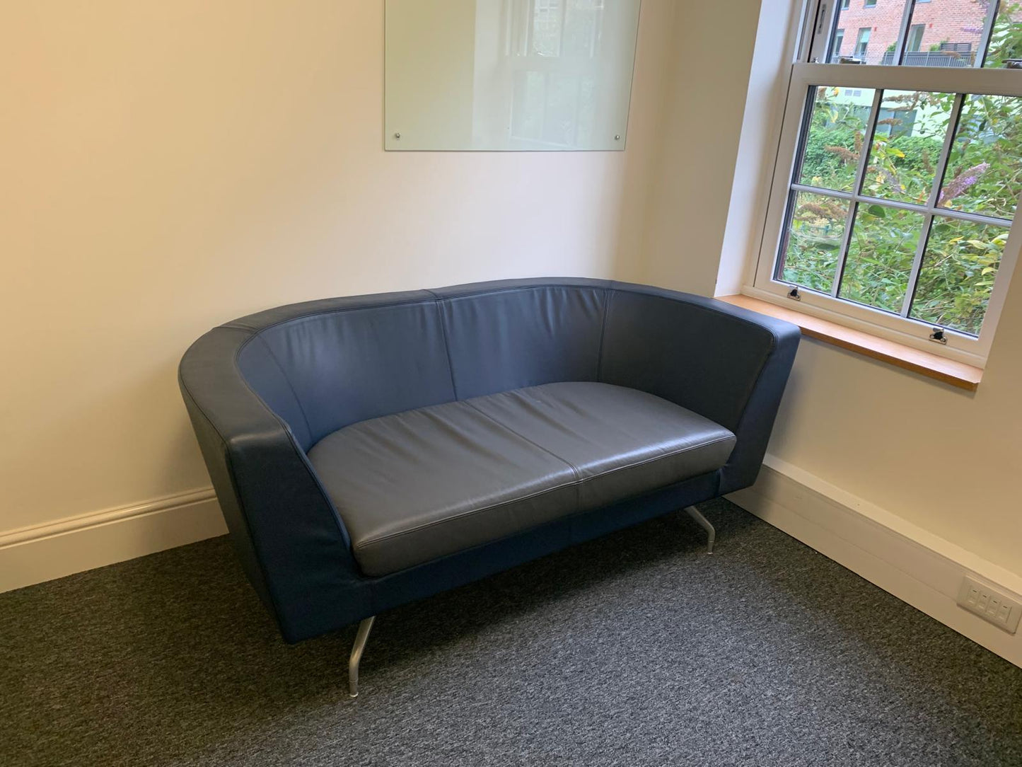 Twin matching set of Orangebox Cwtch navy blue and contrast grey leather sofas (160cm x 80cm)