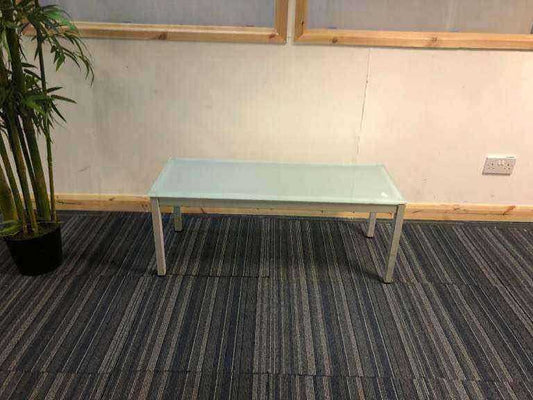 Blue hued glass rectangle office reception waiting breakout area coffee table W=98cm D=38cm H=40cm
