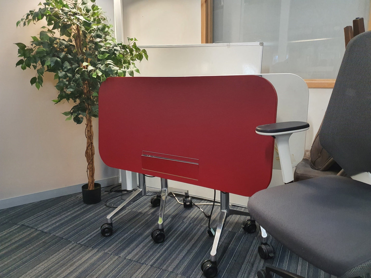 Left, tall green plant, centre, folded red office table, right, grey swivel chair