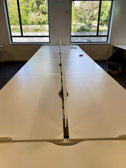 Used White 6 Seater Office Hot Desk Pod 140cm x 80cm per tabletop