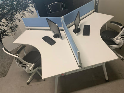 Herman Miller Three person office bench desk in white, 3 seater arc table