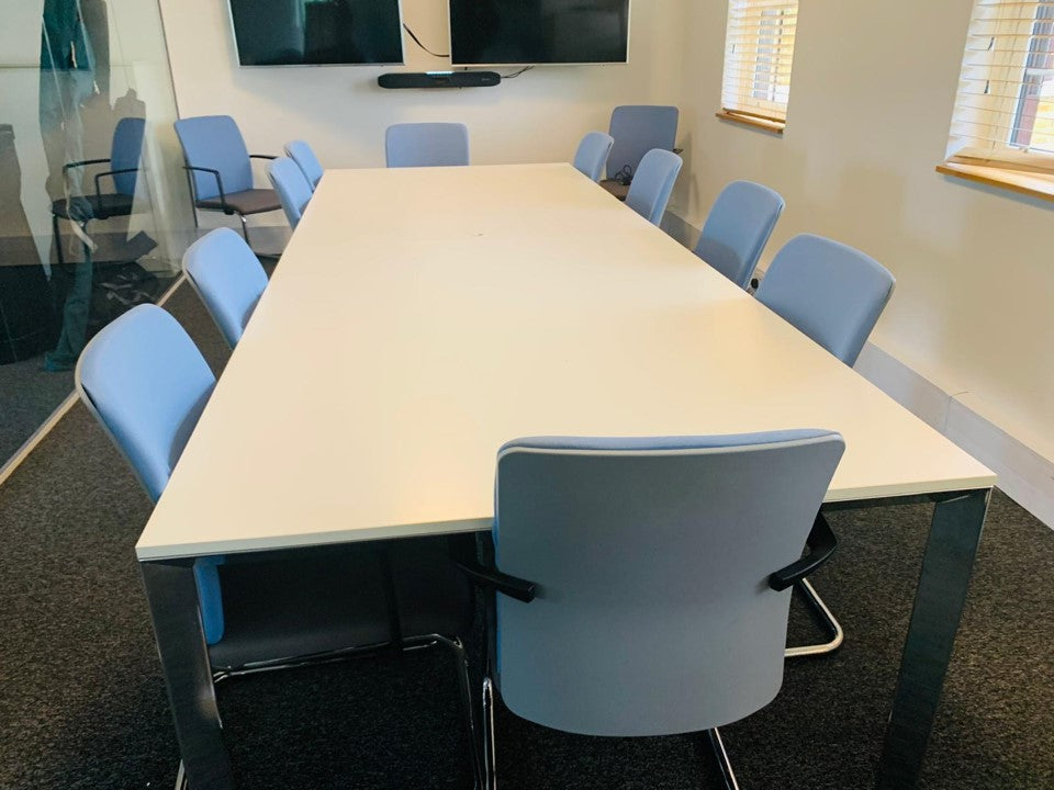 10 seater boardroom table and blue chairs