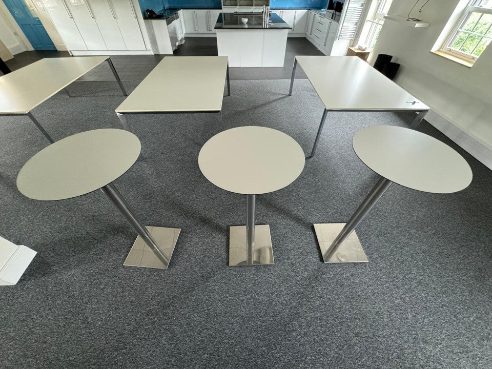 Three round and three rectangle tables in canteen area