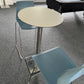 Round poseur high table and 2 blue plastic bar stools