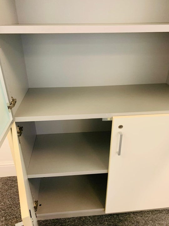 White grey shelves display unit