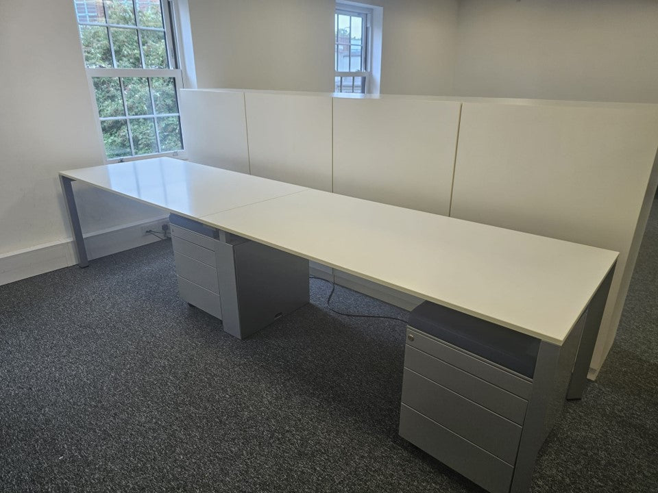 2 seater series linear pod desk with 2 grey under desk drawers