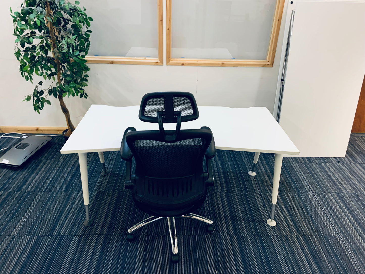 Study table with black mesh chair tucked in, green plant to its left and white folded tables to its right