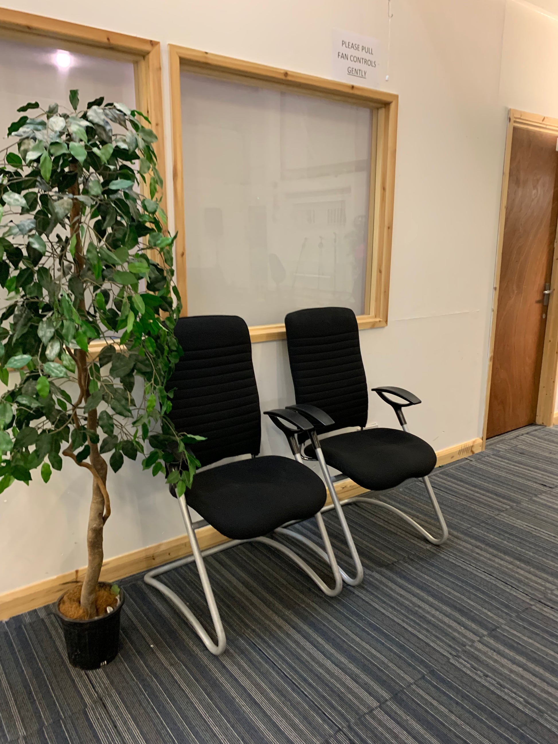 centre, two black executive sitland chairs, left, green plant, right brown door