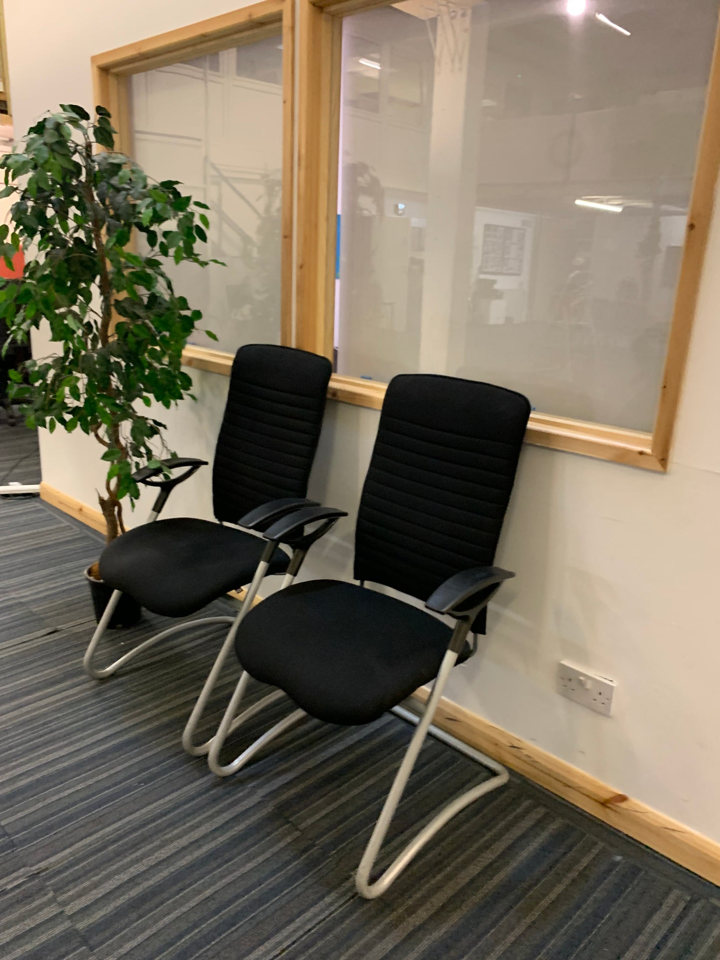 centre, two black office executive sitland chairs in front of window, left, green plant