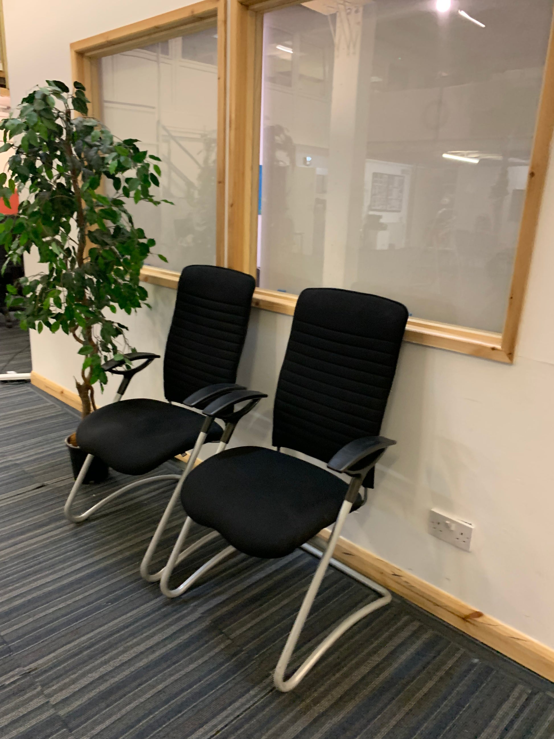 centre, two black office executive sitland chairs in front of window, left, green plant