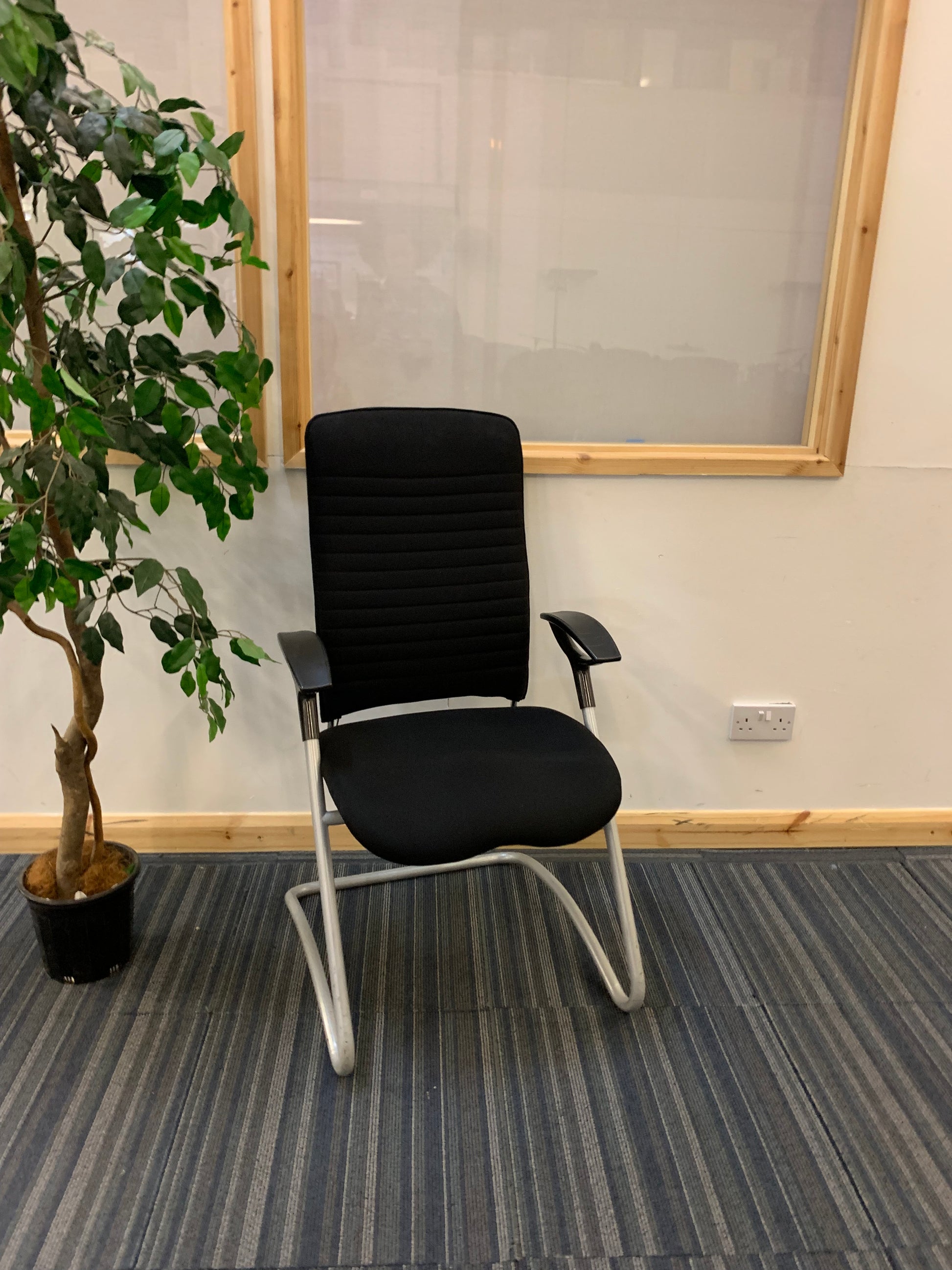 left, green plant, centre Black executive cantilever chair