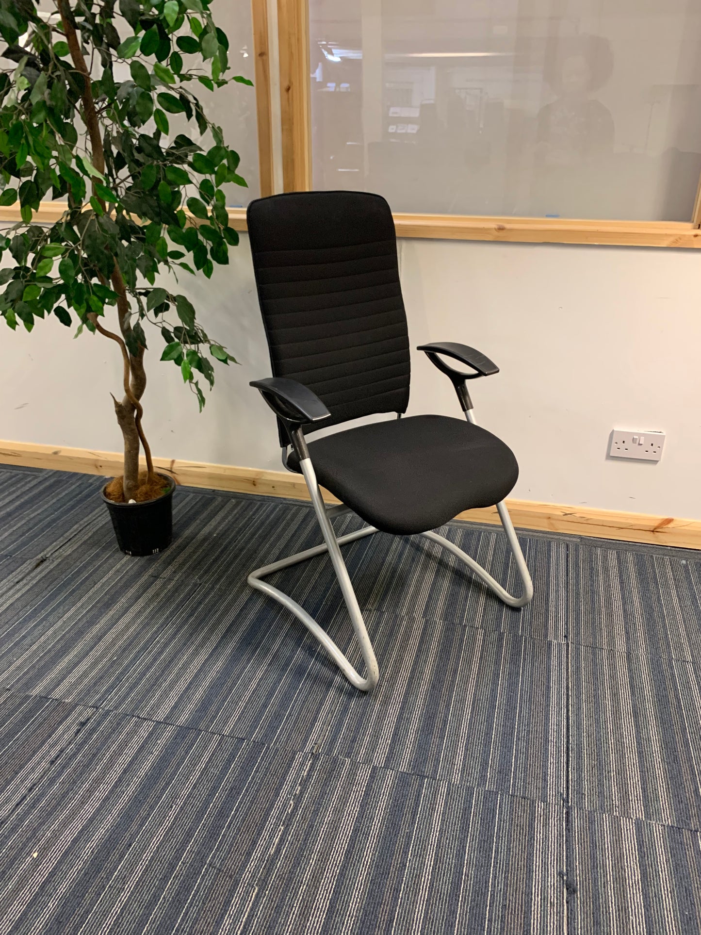 Single Black High back executive chair, left, tall green plant