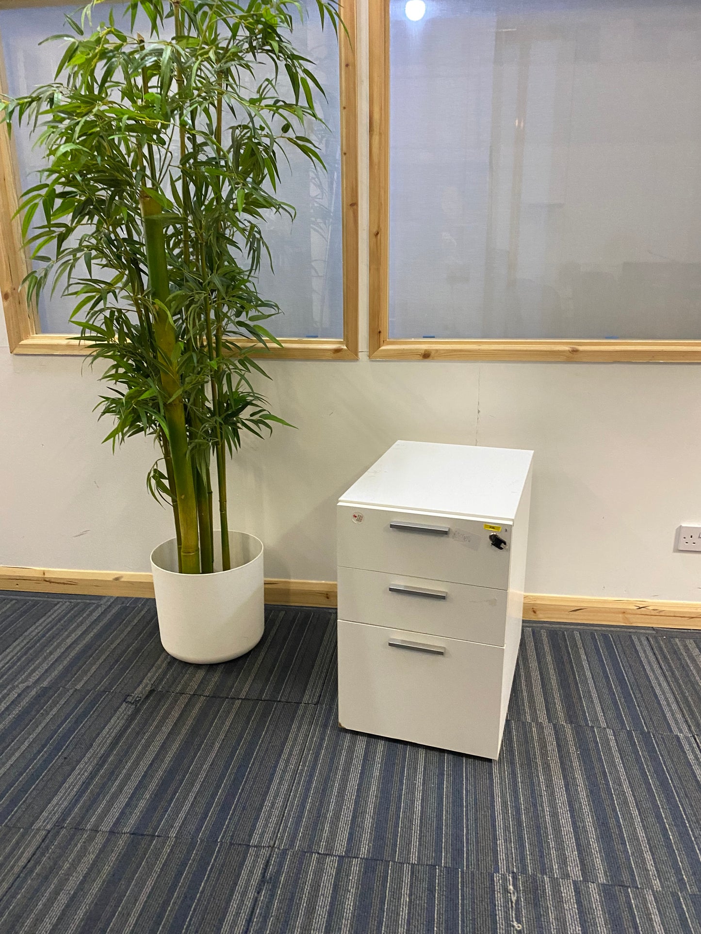 a white office drawer next to a green tall plant