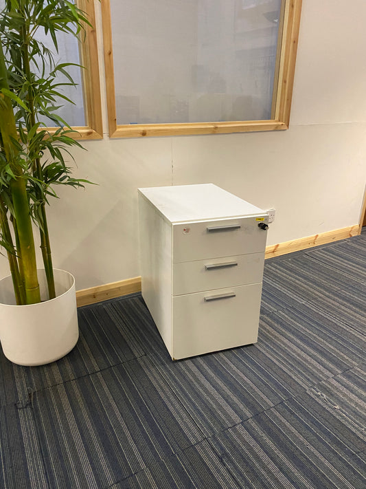White 3 drawer office cabinet with grey handles