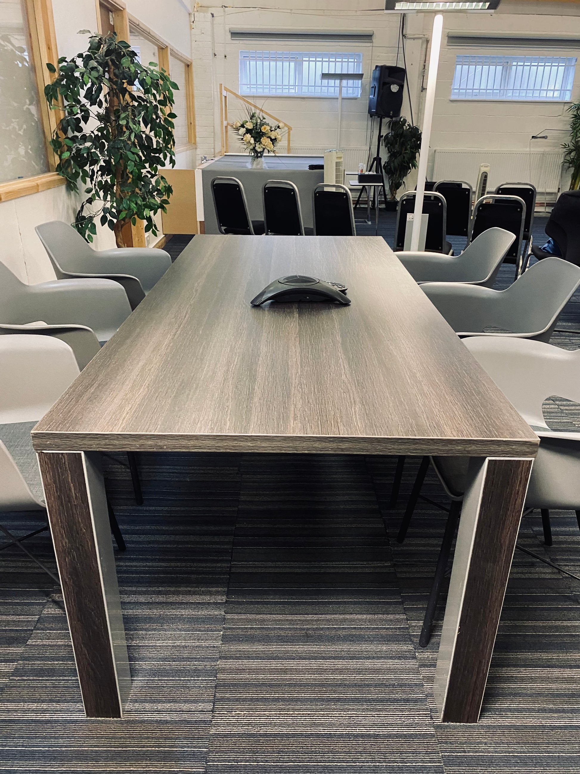 Meeting table with tall green plant and variety of chairs