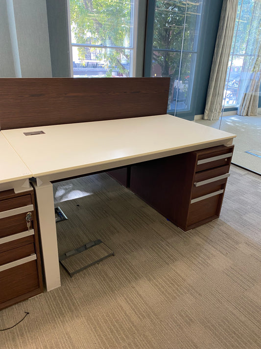 White and walnut contrast office desk and pedestal leg
